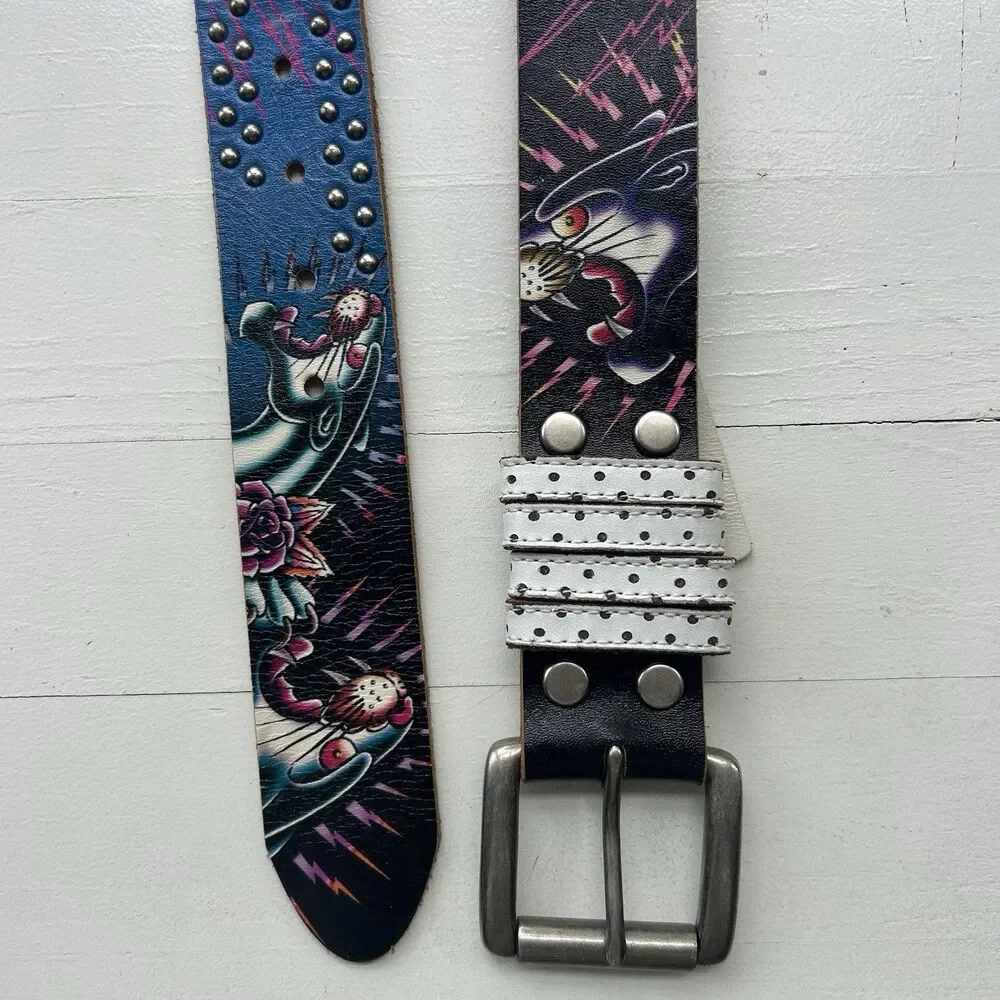 Ed Hardy Y2K Leather Belt Panther Spell Out Floral Studded Unisex Size M